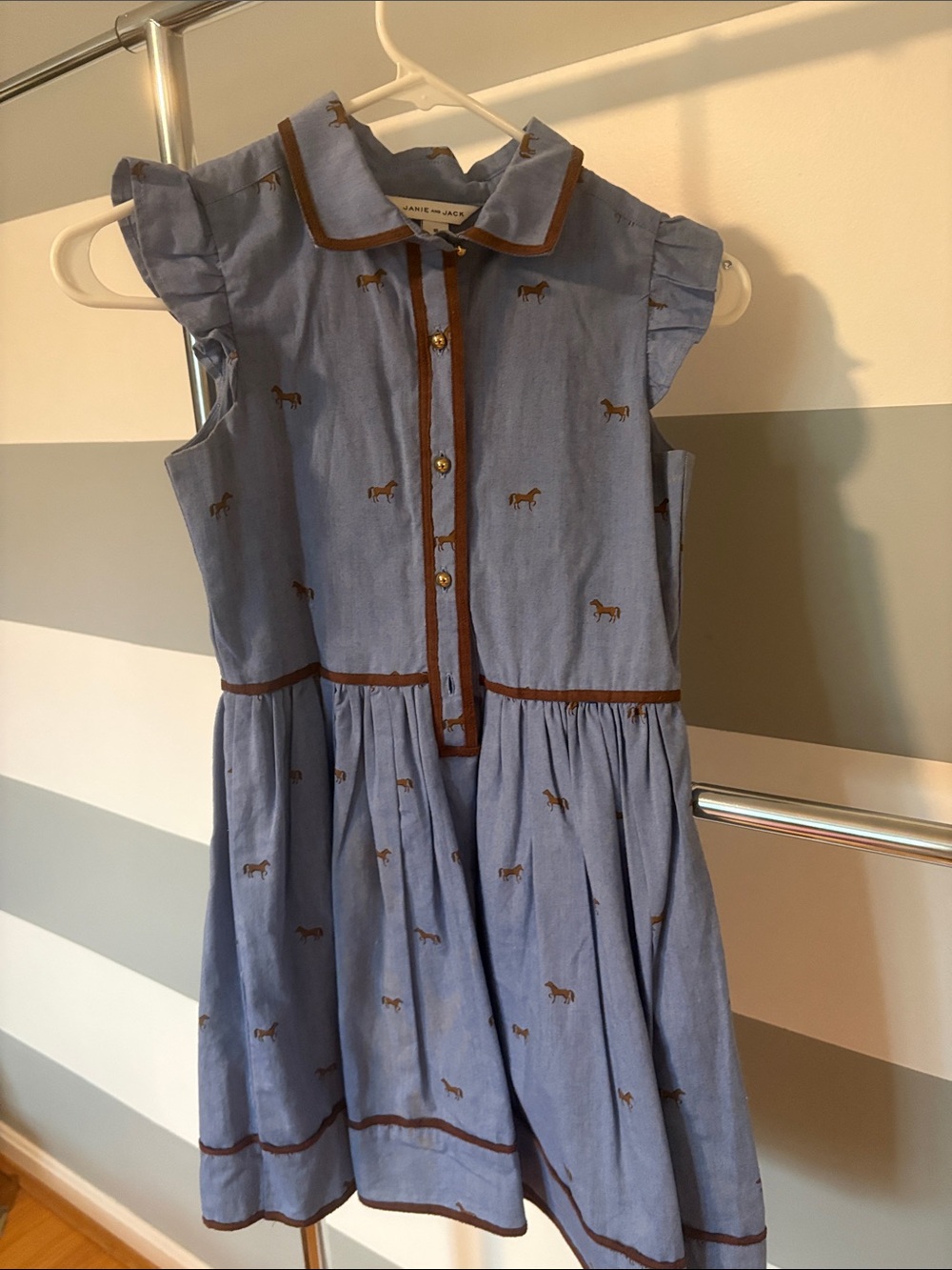 Janie and Jack Light Blue Pony Print Cotton Dress with Brown Trim